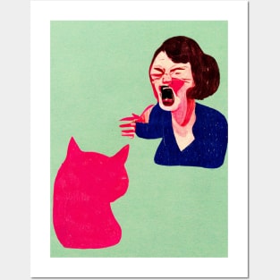 Woman Yelling At Cat Meme Retro Poster Vintage Art Illustration Wall Meme Pink Illustration Posters and Art